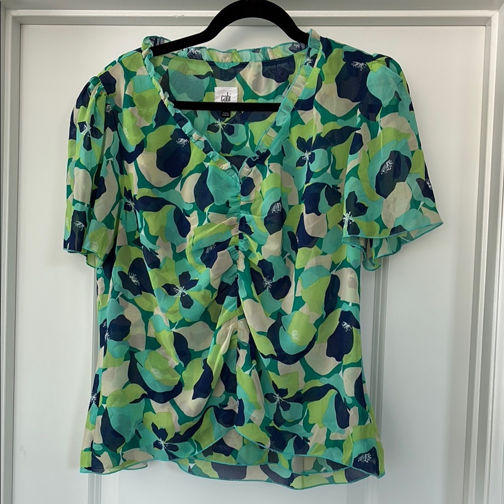 CAbi Women's Teal and Navy Patterned Blouse